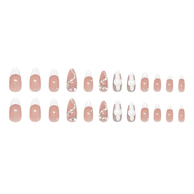 French Tip Press on Nails Medium Almond Fake Nails 3D Snake Rhinestones Design Nude Pink Acrylic Nails White French Nails Tip Glossy Glue on Nails Full Cover Artificial False Nails for Women 24Pcs