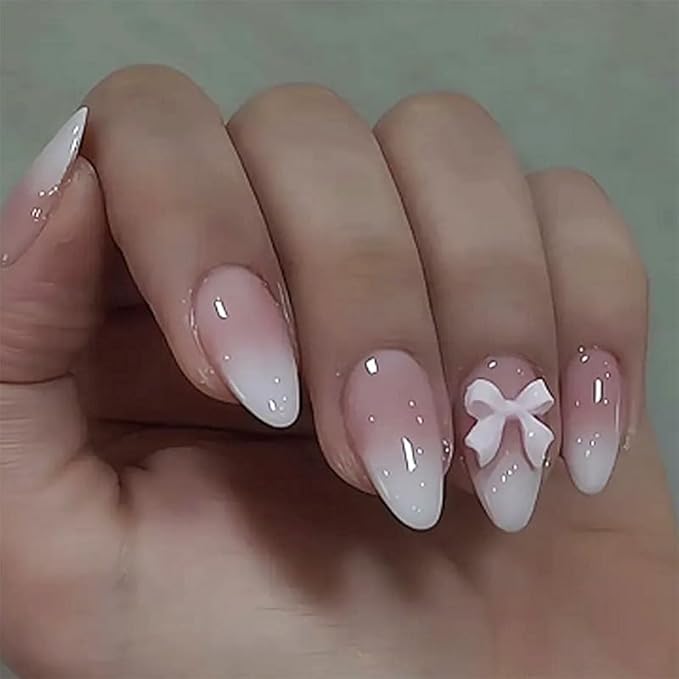 Almond Press on Nails Medium Fake Nails with Pink Bow Designs Glue on Nails Glossy Acrylic False Nails Full Cover Stick on Nail for Women Girls Manicure