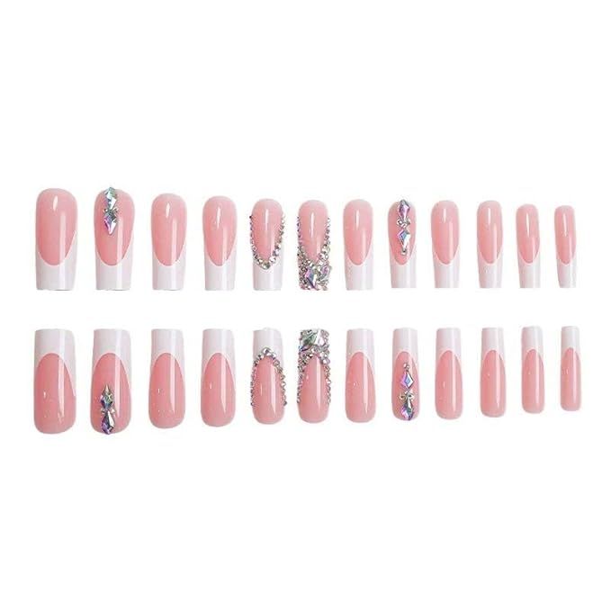 Long Press on Nails Square Shape Cute Fake Nails Pink with Rhinestones Design White French Tip False Nails Summer Glue on Nails for Women 24pcs