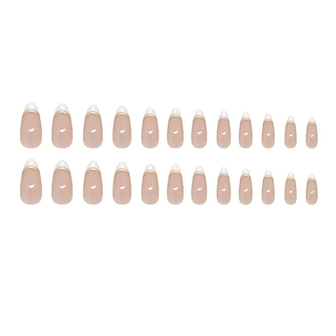 White French Tip Press on Nails Short Almond Fake Nails with 3D Gold Line Design Stick on Nails Nude False Nails Reusable Full Cover Acrylic Glue On Nail for Women Nail Art Decoration 24Pcs
