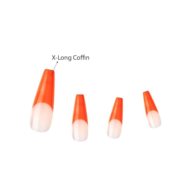 KISS Acrylic French False Nails Kit, X-Long Coffin Shape Design Nail, Orange Color French Tip Nails, Ready to Wear Gel & Manicure Stick included, Long-Lasting Convenient & Easy to Apply