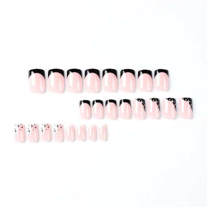 French Tip Black Press on Nails Medium White Fake Nails Square Glossy False Nail Tips Artificial Finger Manicure for Women and Girls 24pcs