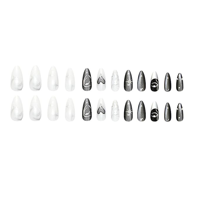 24Pcs Gothic Press on Nails Medium Almond Fake Nails Silver Heart with Rhinestones Design Acrylic Y2k False Nails Black Full Cover Glue on Nails Nude White Stick on Nails for Women Manicure Salon