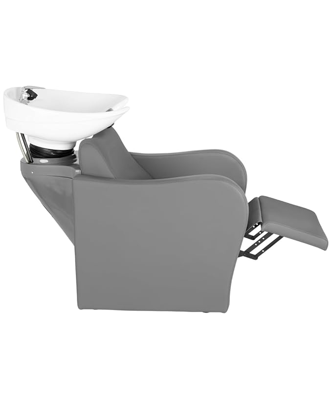 Buy-Rite Lexus Backwash Unit - Professional Salon Shampoo Chair with Extra-Wide Seat, Kick-Out Leg Rest, Tilting Porcelain Bowl, Single-Handle Faucet & Neck Rest, European Style Gray TS-8018B