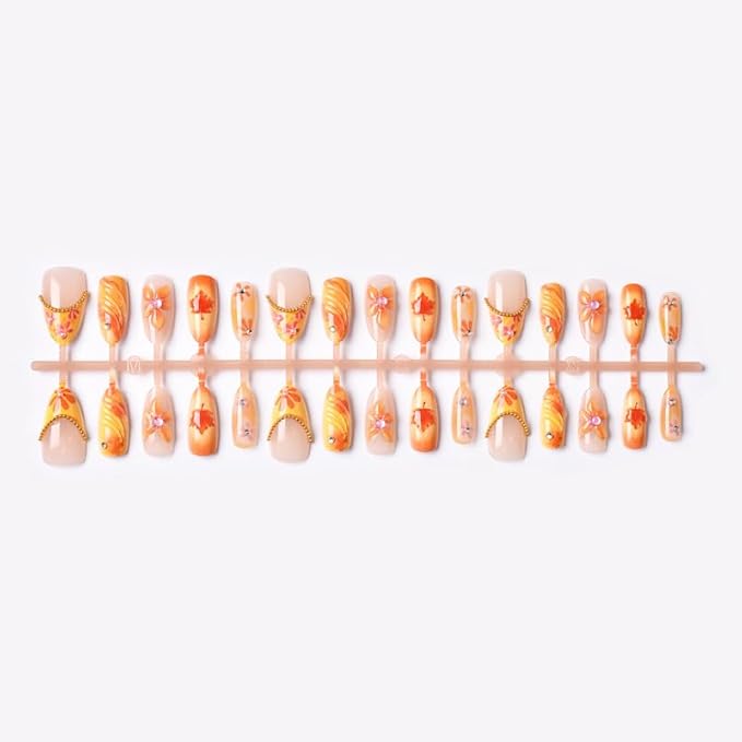 Fall Press on Nails Long Almond Fake Nails with Floral Diamante Gradient Design Stick on Nail for Women 24pcs