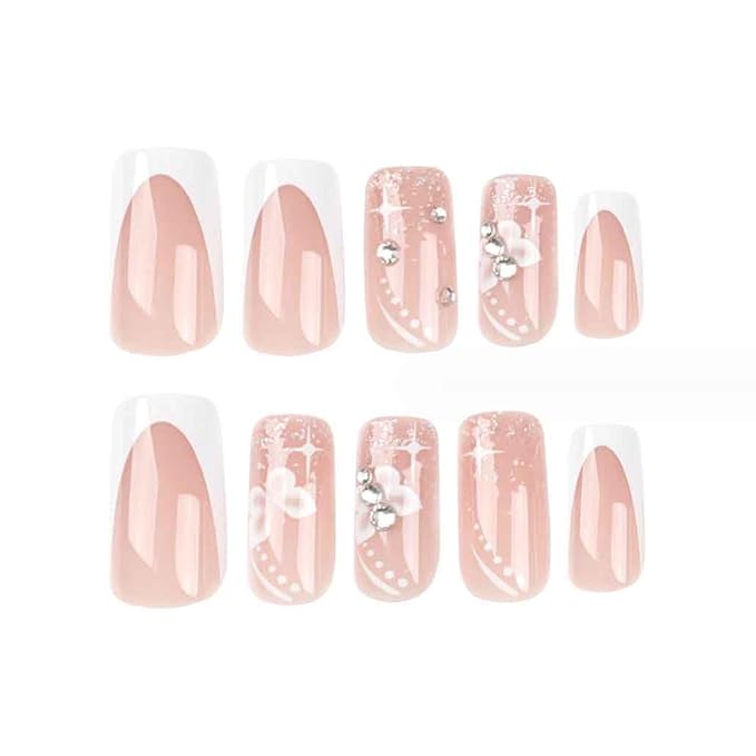 Long Press On Nails - Nude Square Clear Acrylic False Nails - 24PCS French Full Cover Bling Rhinestone Butterfly Design