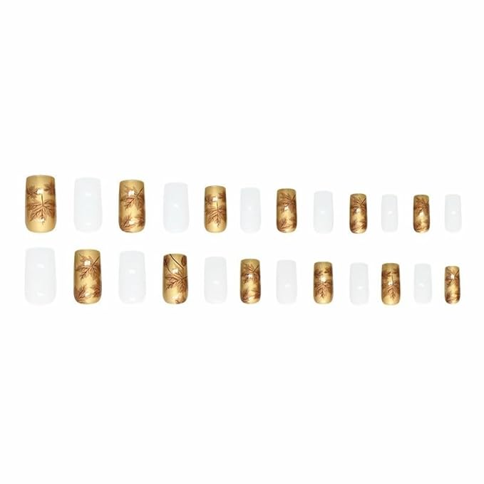 Gold Press on Nails Medium Square Fake Nails Leaf Acrylic Nails Fall False Nails Glossy Glue on Nails White Stick on Nails Luxury Artificial Nails for Women Girls Manicure 24Pcs