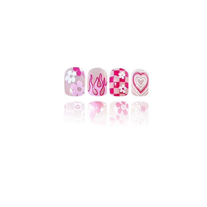 24Pcs Square Press on Nails Short Fake Nails Flame with Heart Flower Butterfly Design Cute False Nails Pink Glue on Nails Glossy Valentines Acrylic Artificial Nails Glossy Stick on Nails for Women