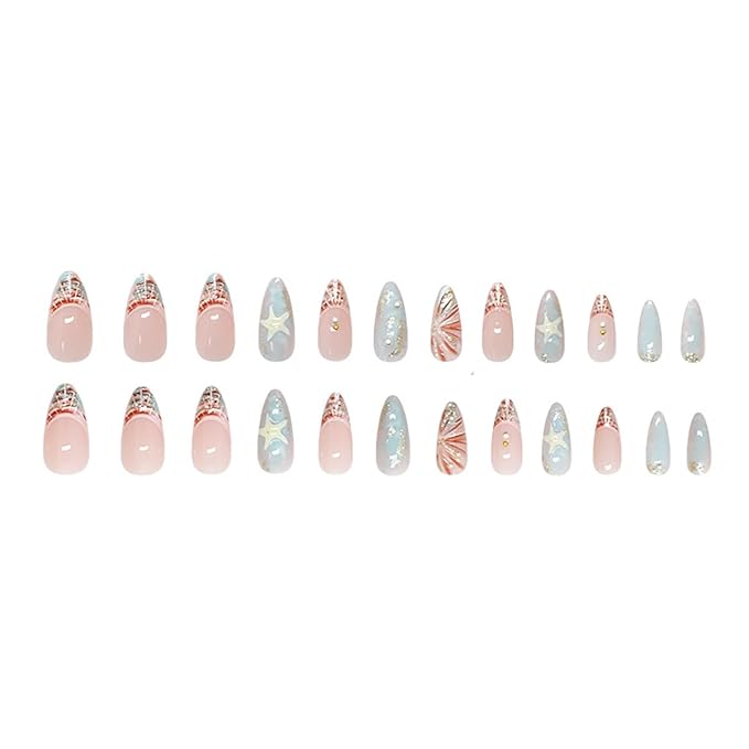 24Pcs Medium Almond Press on Nails Blue French Tip Fake Nails 3D Gold Starfish Shell Press ons with Pearl Glitter Glue on Nails Summer Beach False Nails Cute Stick on Nails for Women Girl Acrylic Nail