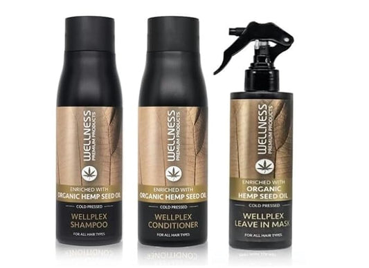 Wellness Premium Wellplex 3-Step Hair Repair Bundle | Hemp-Infused Shampoo, Conditioner & Leave-In Mask Spray | Restorative, Color-Safe, Vegan Formula for Damaged & Color-Treated Hair | 3-Piece Set