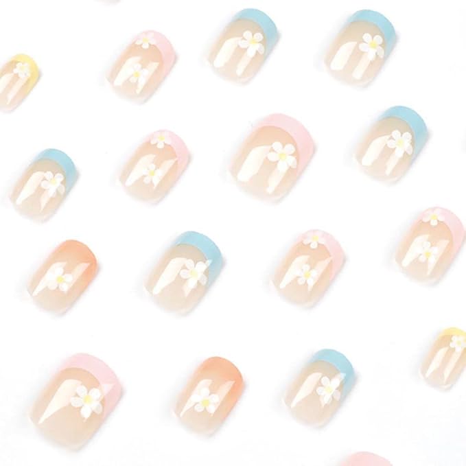 French Tip Press on Nails Short Nails for Women with Flowers Design Colorful Stick on Nails Square Acrylic Nails