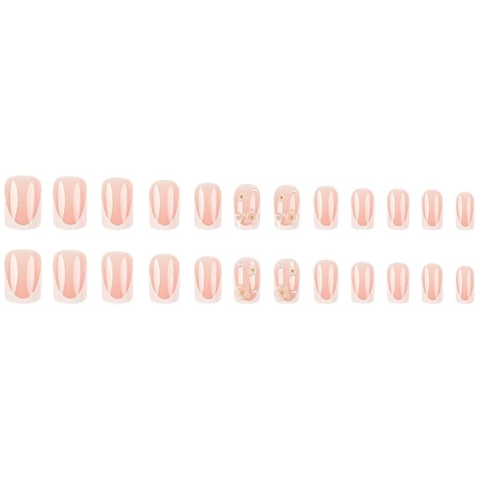 French Tip Press o Nails Square,3D White Pearl Flower Press on Nails Medium, Glossy Glue on Nails Natural Full Cover False Nail Tips Short Stick on Nails Artificial Finger Manicure for Women Girls