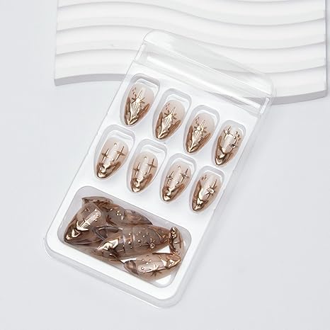 Gold Fake Nails Short Almond Press on Nails French Tip False Nails 3D Gold Irregularity Chrome Design Star Glue on Artificial Acrylic Nails for Women Manicure Art 24Pcs