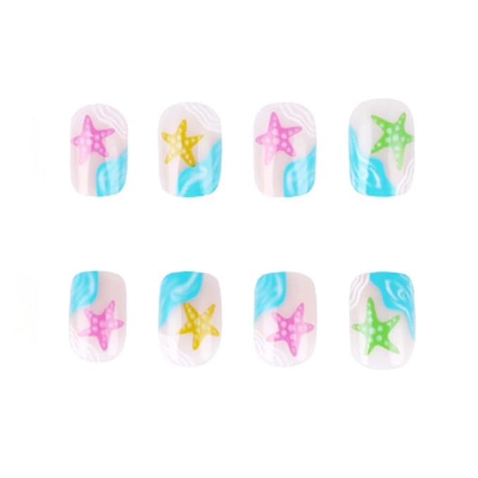 Summer Press On Nails Square Fake Nails Sea With Starfish Design Short False Nails Artificial Acrylic Nails Full Cover Glue On Nails Glossy Stick On Nails For Women Holiday Manicure 24pcs