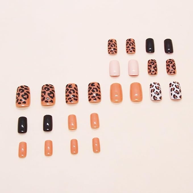 24Pcs Leopard Print Press on Nails Medium Square Fake Nails Nude Nails Press ons Cheetah Stick on Nails Full Cover Artificial Nail Brown Black Acrylic Nails Solid Color False Nails for Women Girls