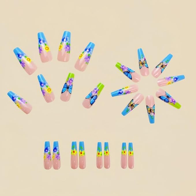 Long Coffin Press on Nails with Flower Design Fake Nails Butterfly False Nails Glue on Nails for Women 24pcs