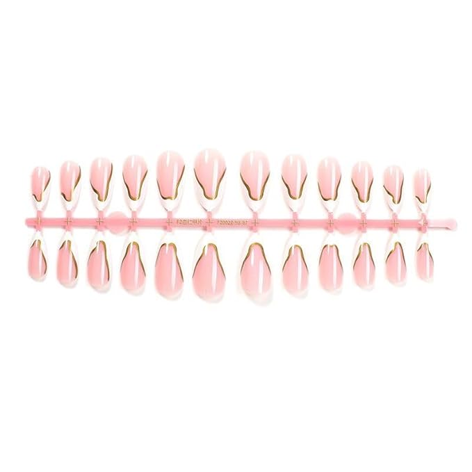 White French Tip Press on Nails Almond Medium Fake Nails Gold Stripes False Nails Full Cover Glossy Artificial Acrylic Stick on Nails for Women Manicure Decoration 24Pcs