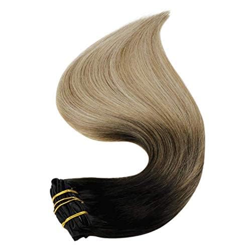 Full Shine Balayage Clip in Hair Extensions Real Human Hair Ombre Black Fading to Brown And Blonde Real Hair Clip in Extensions Double Weft 120 Grams 14 Inch