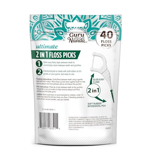 GuruNanda 2 in 1 Dental Floss Picks - Non-Slip Grip Handle, Slide Easy, No Break or Shred Flosser - Complete Oral Care with Interdental Pick for Healthy Teeth & Gums - Mint Flavor, 40 Count (4 Pack)