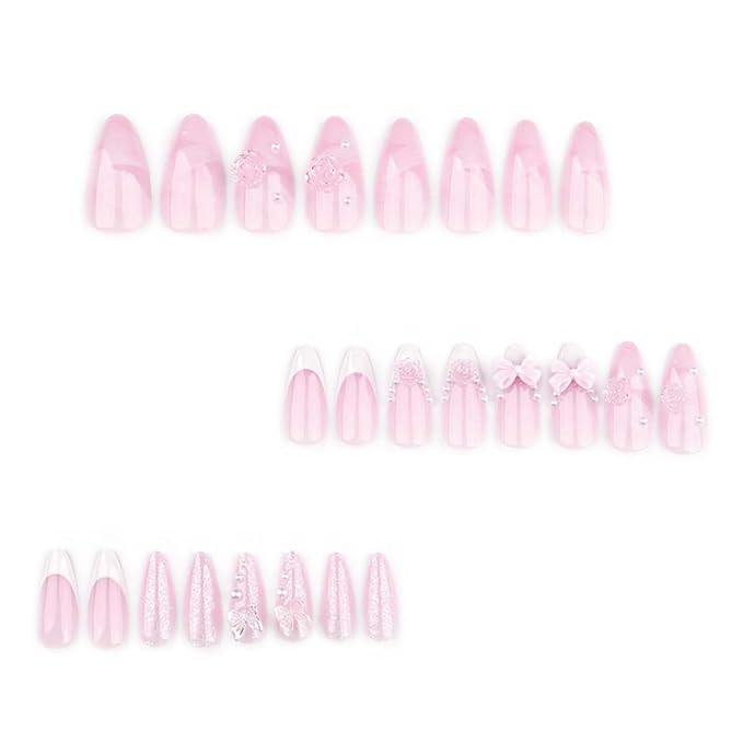 French Press on Nails Pink Medium, 3D Flower Fake Nails Almond Acrylic False Nails White,Artificial Nails for Women and Girls 24pcs