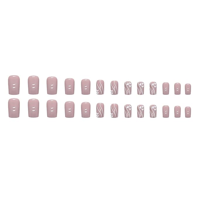RikView Pink Press On Medium Acrylic Square Fake Nails with Hearts Design - Glossy, 24 PCs/Set