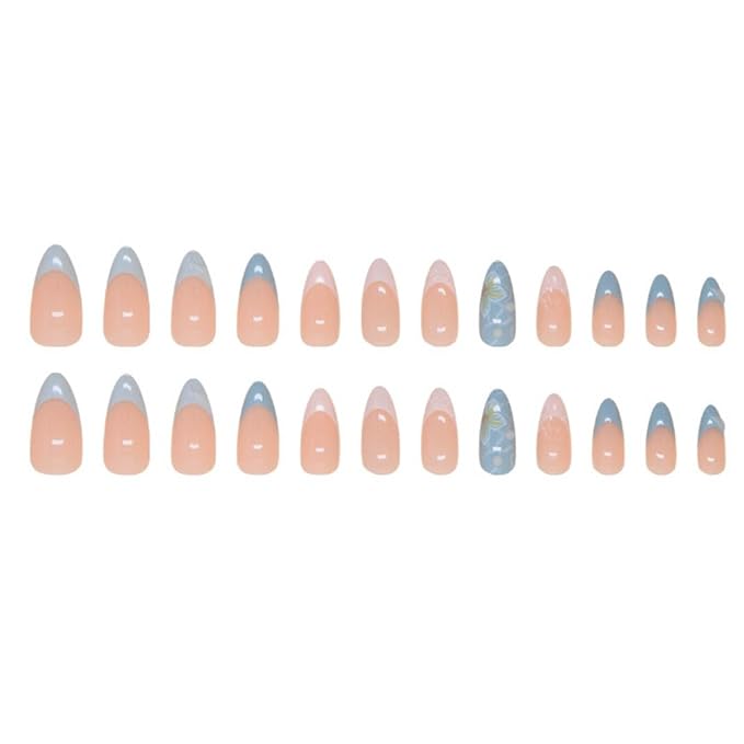 Almond Press-On Nails - Medium French Tips Blue Glossy Full Cover for Women, 24 PCS (Blue 3D French)