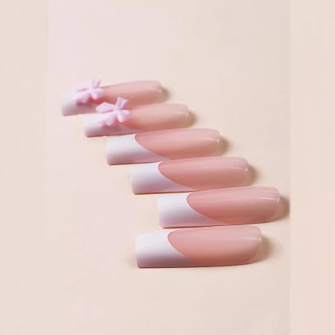 French Tip Press on Nails Long Square Fake Nails Bow Acrylic Nails Cute False Nails with Designs Pearl Glue on Nails White Nail Tip Nude Stick on Nails for Women Girls 24Pcs