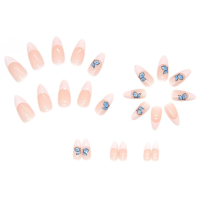 RikView French Tip Press on Nails Medium Fake Nails Almond White Stick on Nails with Butterfly Design