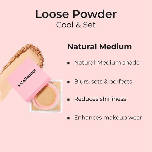 MCoBeauty - Loose Powder Cool & Set - Natural Medium Shade - Finely Milled Water-Based Setting Powder with Hyaluronic Acid, Glycerin & Vitamin E - Vegan, Cruelty Free Cosmetics - Face Makeup