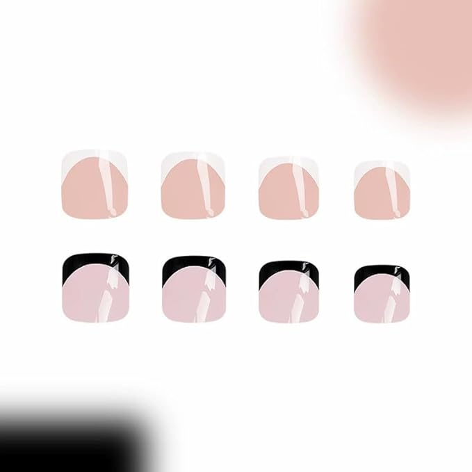 2 Packs 48Pcs French Tip Press on Toenails Short Square Fake Toe Nails Black White Nail Tip Acrylic Toenails Glossy False Nails Reusable Artificial Acrylic Nails for Women Girls Nails Decoration Kit