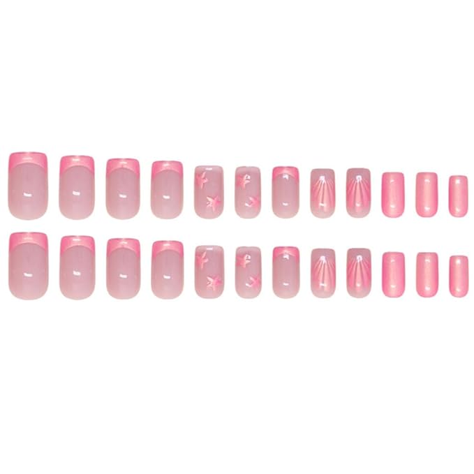 Press on Nails Pink French Fake Nails Medium Rhinestone Square Bling White Nails Glossy False Nail Tips Artificial Nails Luxury Finger Manicure for Women and Girls,24pcs