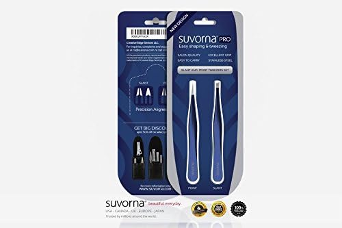 Suvorna Professional Tweezers for women facial hair - Sharp Pointed Tweezer & Slanted Eyebrow Tweezers for Women - Eyebrow Tweezer for Women, Lash tweezers and Splinter removal (4-inch size, Blue)