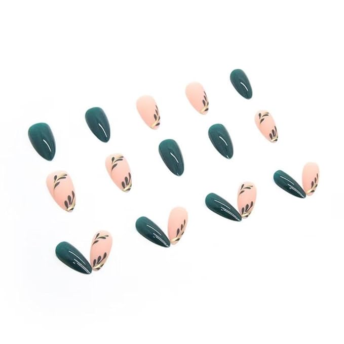 Green Press on Nails Short Almond Stick on Nails Nude Fake Nails with Leaf Design Glossy Full Cover False Nails Artificial Acrylic Nails for Women Girls Diamond Manicure 24Pcs