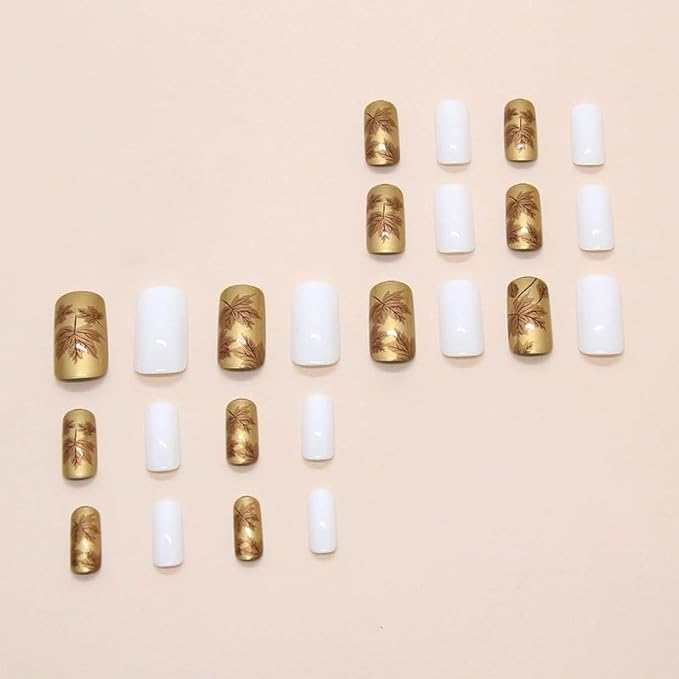 Gold Press on Nails Medium Square Fake Nails Leaf Acrylic Nails Fall False Nails Glossy Glue on Nails White Stick on Nails Luxury Artificial Nails for Women Girls Manicure 24Pcs