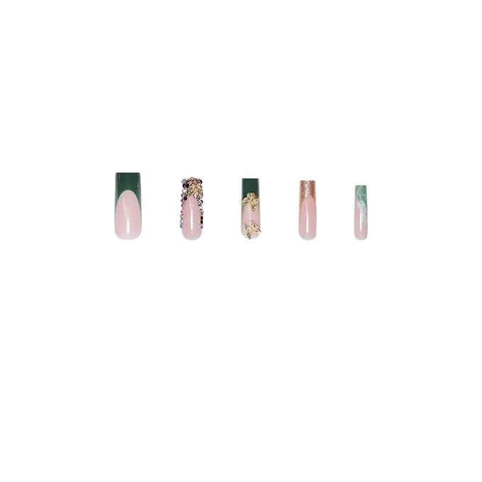Press on Nails Long Square Green SEENEEY Stick on Nail 24pcs