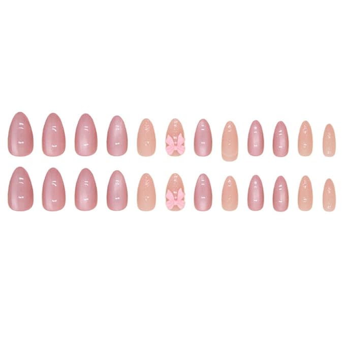 Almond Press on Nails - Medium French Tips Pink Glossy Full Cover Nails for Women - 30 PCS/Set (Pink Bow Nails)