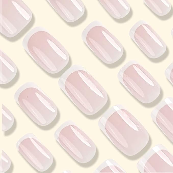 French Tip Press on Nails Short Square Fake Nails Glossy Nude Acrylic Nails with Design Nature False Nails Glue on Nails for Women Girls Nails Kit 24 Pcs, Style 26