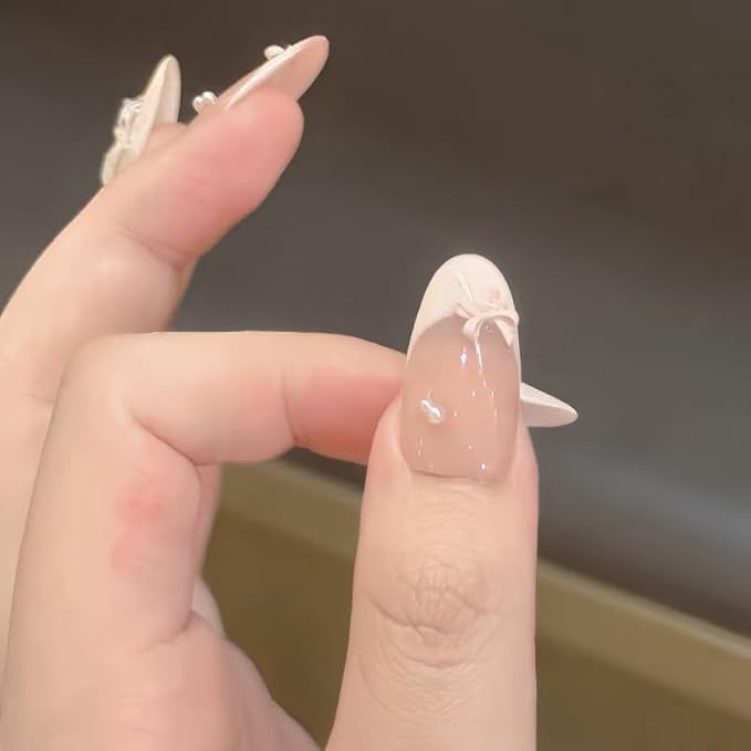 Long Almond Press on Nails Nude Elegant Fake Nails Girly Style with Floral Polka Dots Stick on Nail for Women 24pcs