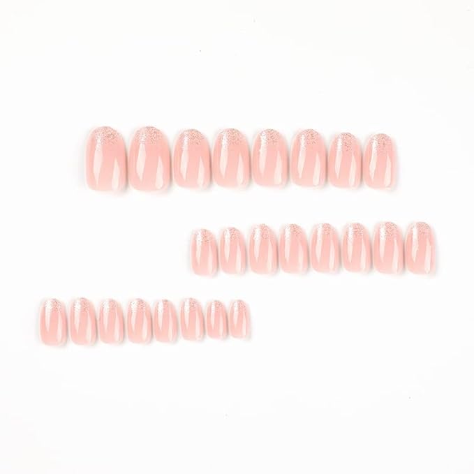 Ombre Pink Press On Nails Short Ovale 24 Pcs, Ombre Designer Reusable Acrylic Fake Nails with Glue, Glossy Soft Gel Nails Wedding and Party, Stick On Glue On Nails, Nails for Women Gift