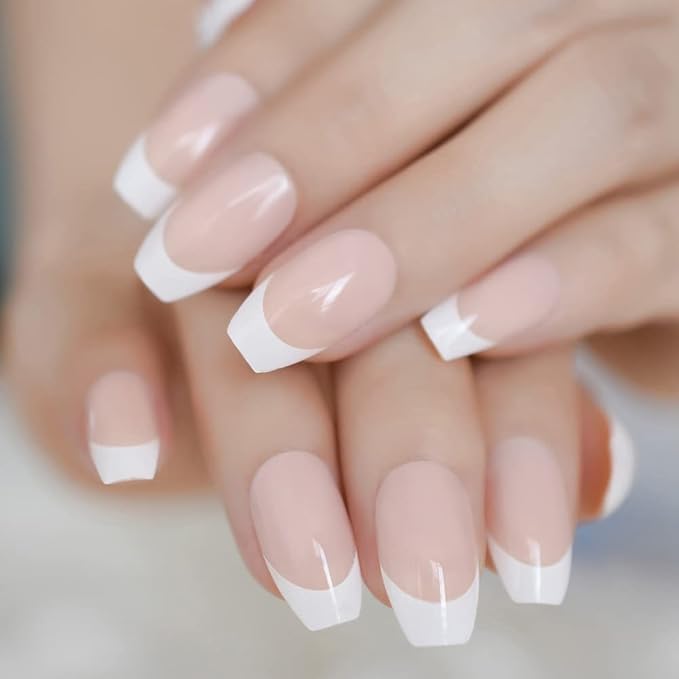 French Press on Nails Natural Nude White Medium Length Coffin False Nails Ballerina Nails Art Tips Salon Manicure Fake Fingernails for Daily Office