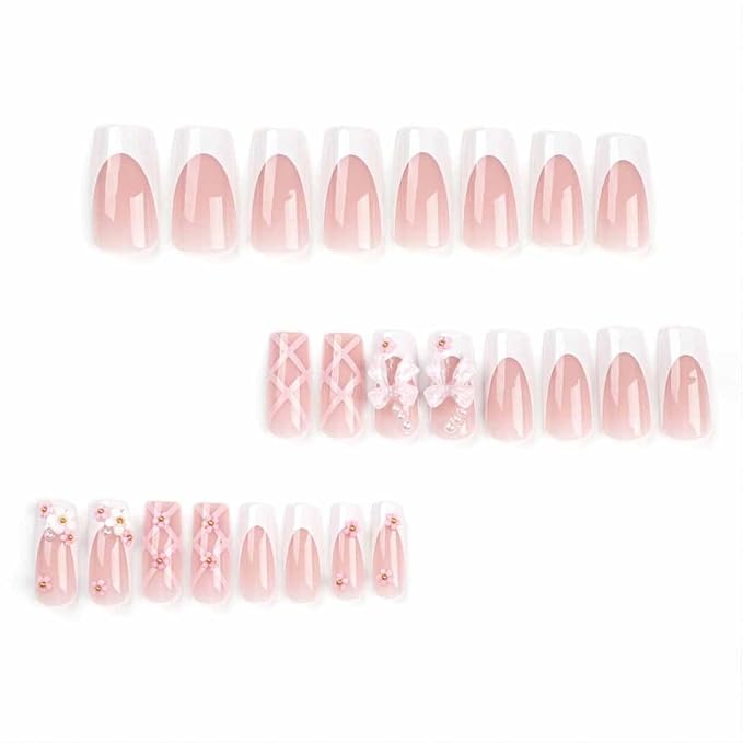 Press on Nails Medium Long Rhinestone Pink Fake Nails Square Bling Glossy 3D False Nail Tips Artificial Nails Finger Manicure for Women and Girls-24pcs