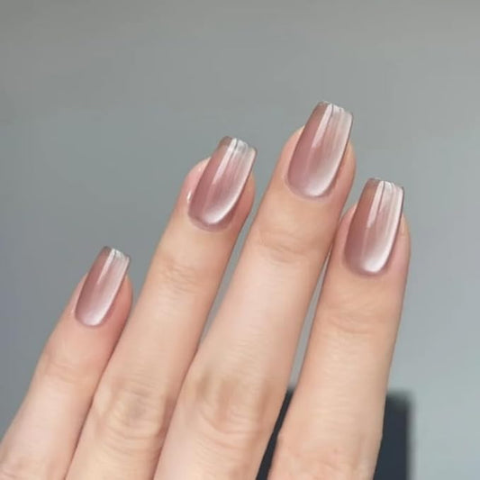Square Press on Nails Short Cat Eye Fake Nails Nude Pink Acrylic Nails Glossy Ombre False Nails with Designs Solid Glue on Nails Nature Stick on Nails for Women Girls 24 Pcs