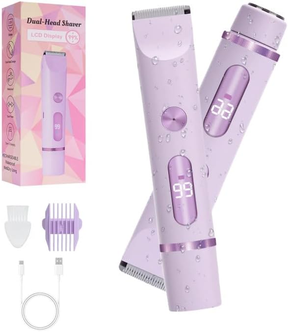 2025 Upgraded Dermave Bikini Shaver - 2 in 1 Bikini Trimmer for Women with LCD Display, Dual Head Cordless Electric Shaver, IPX7 Waterproof Wet/Dry Body Hair Trimmer for Face,Purple