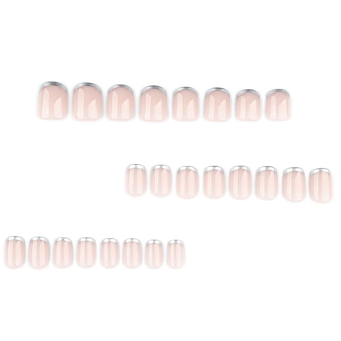 Silver French Tip Press on Nails Short Fake Nails Square Glue on Nails Glossy Acrylic Nail Nude Full Cover False Nail Reusable Artificial French Stick on Nail Supplies for Women Manicure 24Pcs