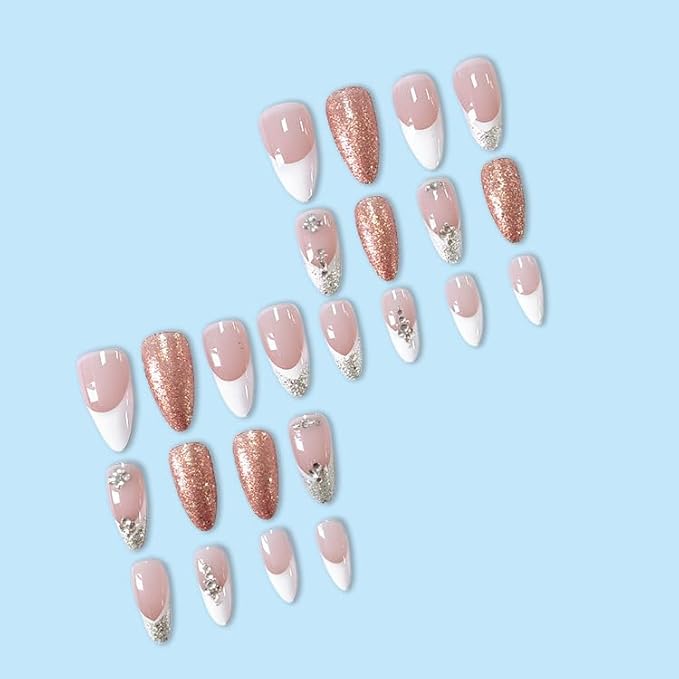 French Tip Press on Nails Almond Medium Fake Nails Glitter Acrylic Nails with Rhinestone False Nails Full Cover Glue on Nails Artificial Nails for Women Girls Manicure Nails Decoration 24Pcs