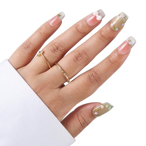 Large-Golden Garden Fake Nails Press-On Manicure Kit for Women | French Tip 10 Nails | Nail Glue, Dual Nail File, Cuticle Stick, Buffer Block | Measure Before Ordering