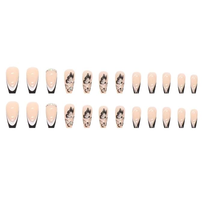 French Black Press on Nails Medium, Butterfly Fake Nails Nude Coffin Acrylic False Nails,Artificial Nails for Women and Girls-24pcs