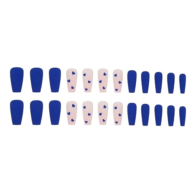 RikView Long Fake Nails Coffin Press on Nails with Hearts Design Blue Nails Matte Full Cover Nails for Women 24 PCs/Set
