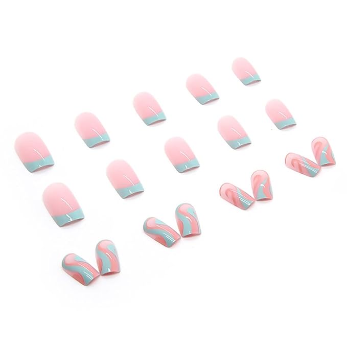 RikView French Tip Press on Nails Medium Fake Nails Blue Nails for Women with Swirls Design Square Acrylic Nails