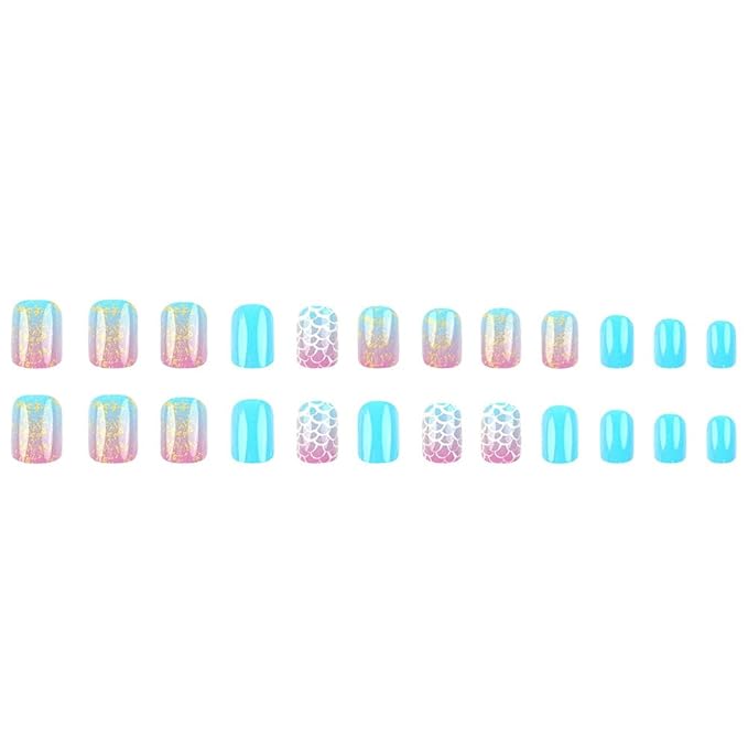 Blue Scale Press on Nails Short Square Fake Nails Summer Acrylic Full Cover Glossy Glue on Nails with Cute Designs Short Stick on Nails Artificial Nails for Women Girls Nail Art Decorations 24Pcs